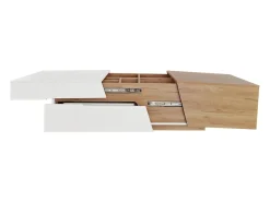 Clearance Mesa de centro extensível 120x50x37,5cm, mesa de centro retangular com gavetas, estrutura color block, Natural Branco