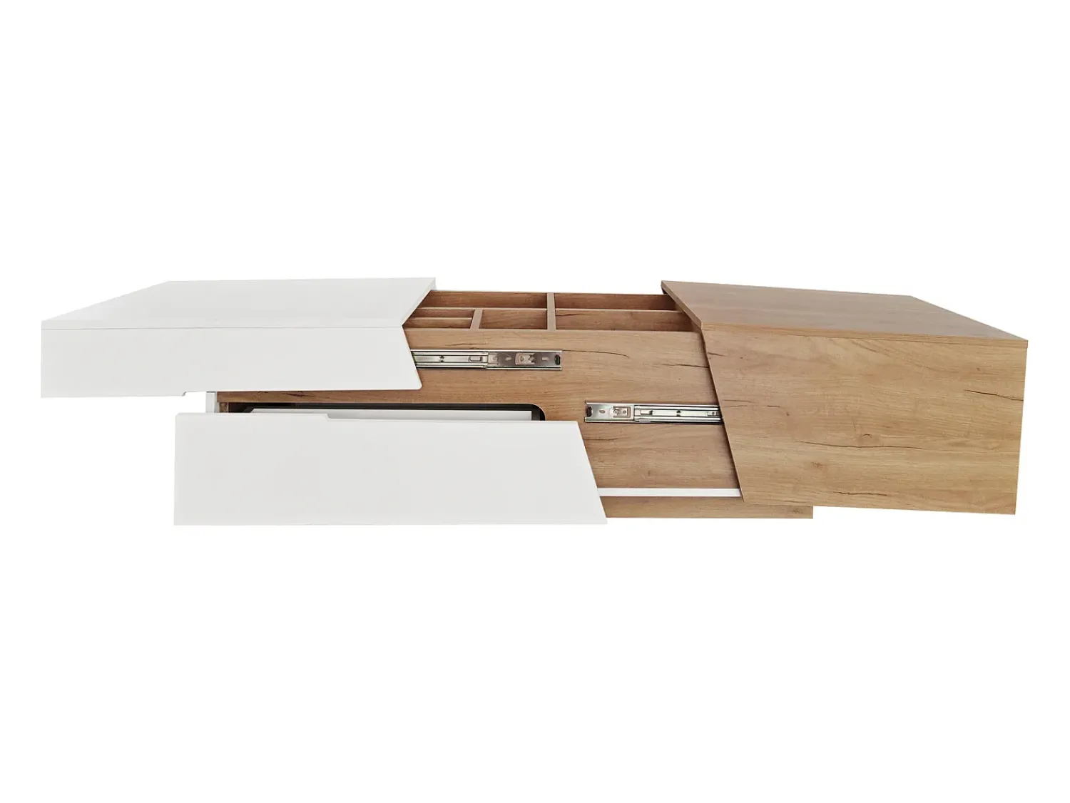 Clearance Mesa de centro extensível 120x50x37,5cm, mesa de centro retangular com gavetas, estrutura color block, Natural Branco