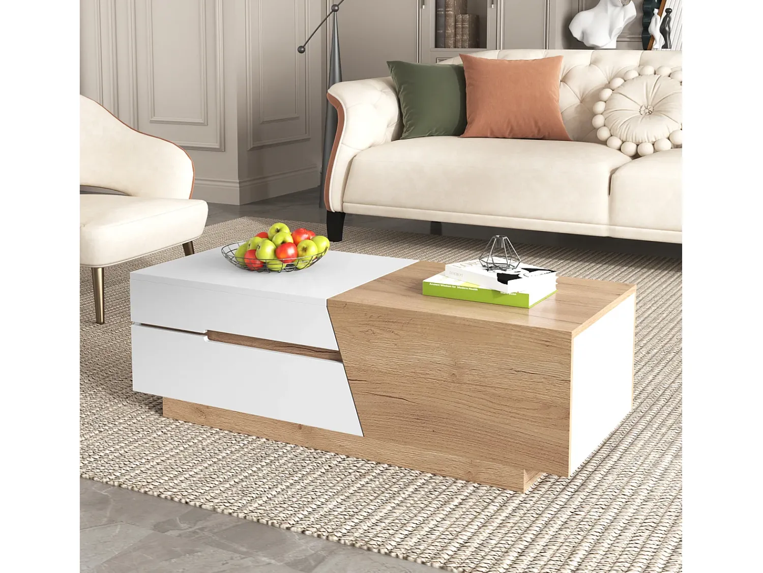 Discount Merax Mesa de centro extensível com 2 gavetas - 120 x 50 x 37,5 cm - Aglomerado - + natural Branco