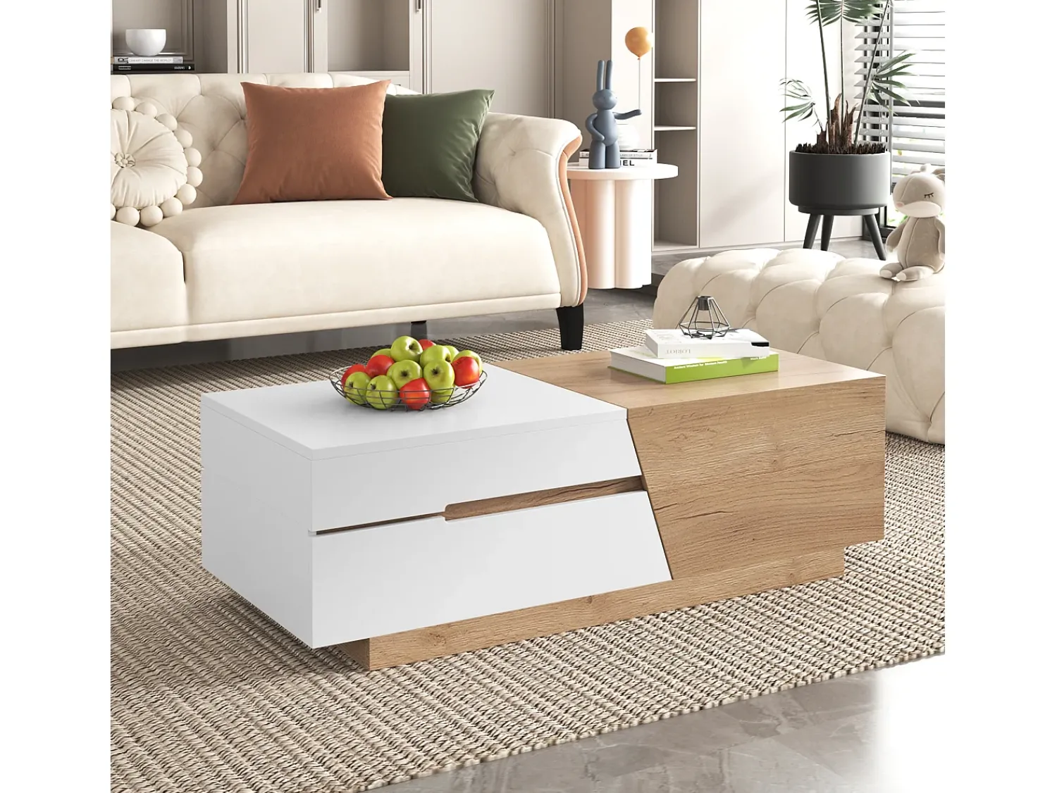 Discount Merax Mesa de centro extensível com 2 gavetas - 120 x 50 x 37,5 cm - Aglomerado - + natural Branco