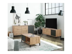 Mesa De Centro|Calicosy Mesa de centro fixa Brooklyn em carvalho Nodi e cinza antracite estilo industrial Preto / Natural claro