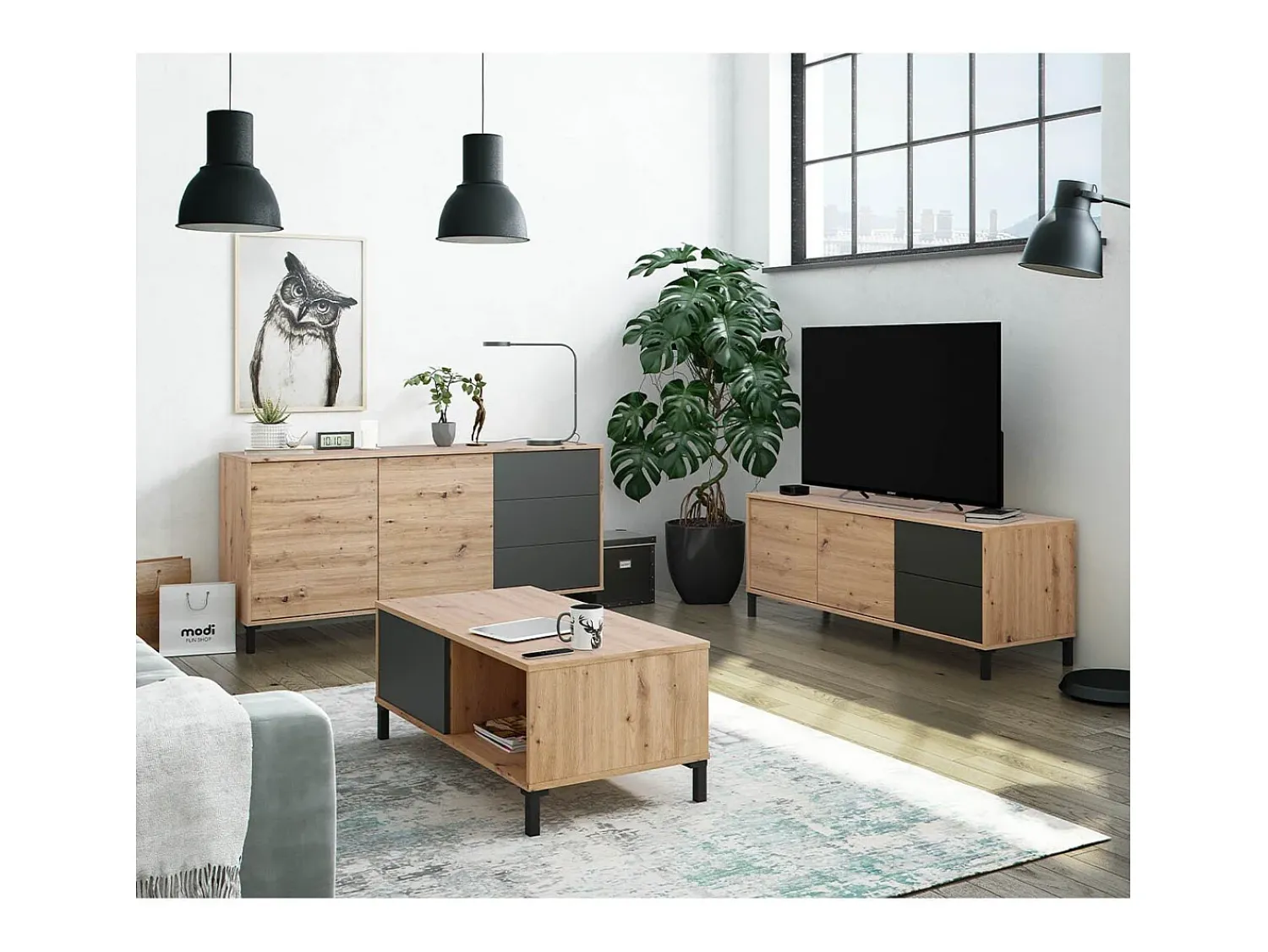 Mesa De Centro|Calicosy Mesa de centro fixa Brooklyn em carvalho Nodi e cinza antracite estilo industrial Preto / Natural claro