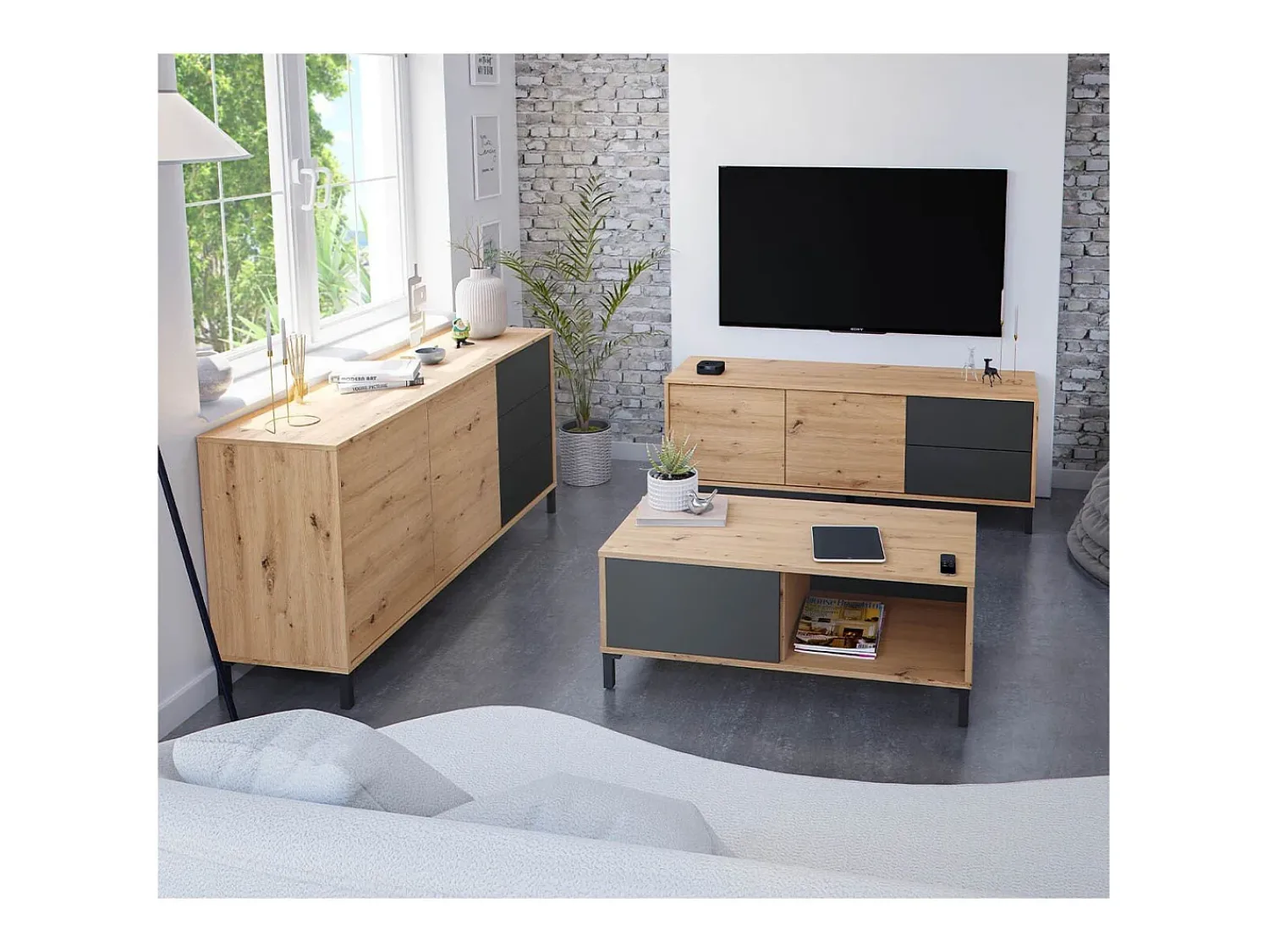 Mesa De Centro|Calicosy Mesa de centro fixa Brooklyn em carvalho Nodi e cinza antracite estilo industrial Preto / Natural claro