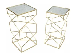 Dmora Mesa de centro George, Mesa de centro baixa, Porta-revistas para sofá, Estante de sala, Ouro, 32x32 h68 cm Dourado