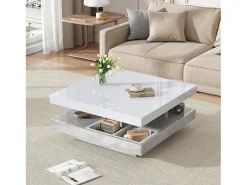 Mesa De Centro|Hauss Spole Mesa de centro giratória branca com espaço de arrumação, tampo lacado brilhante com efeito mármore. Branco