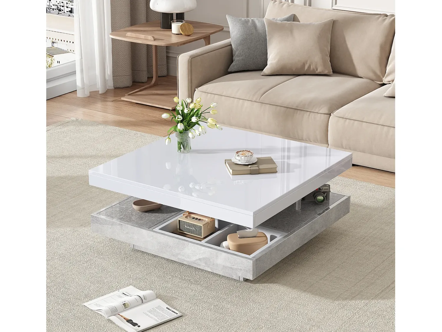 Mesa De Centro|Hauss Spole Mesa de centro giratória branca com espaço de arrumação, tampo lacado brilhante com efeito mármore. Branco