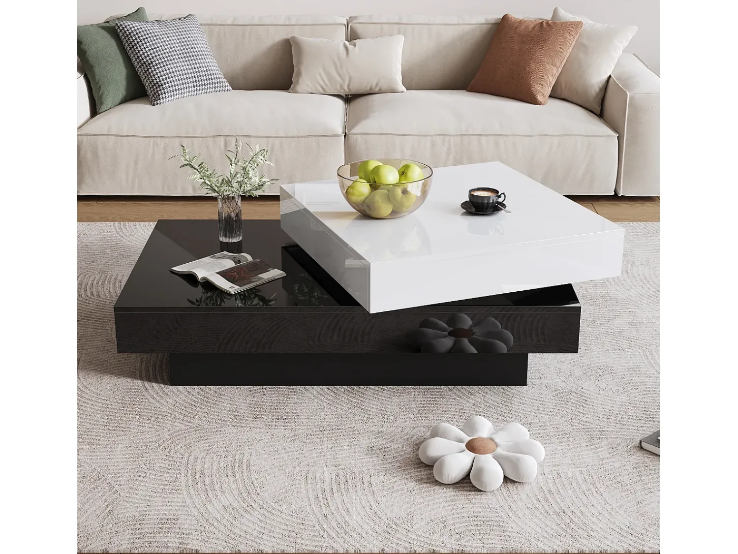 Mesa De Centro|Hauss Spole Mesa de centro giratória com 2 prateleiras abertas, branca e preta, superfície lacada Branco