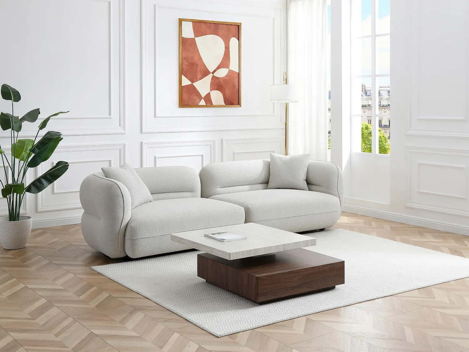 Mesa De Centro*Vente-unique Mesa de centro giratória com 1 gaveta em MDF - Efeito travertino e Natural escuro - KYRIA Natural escuro / Bege