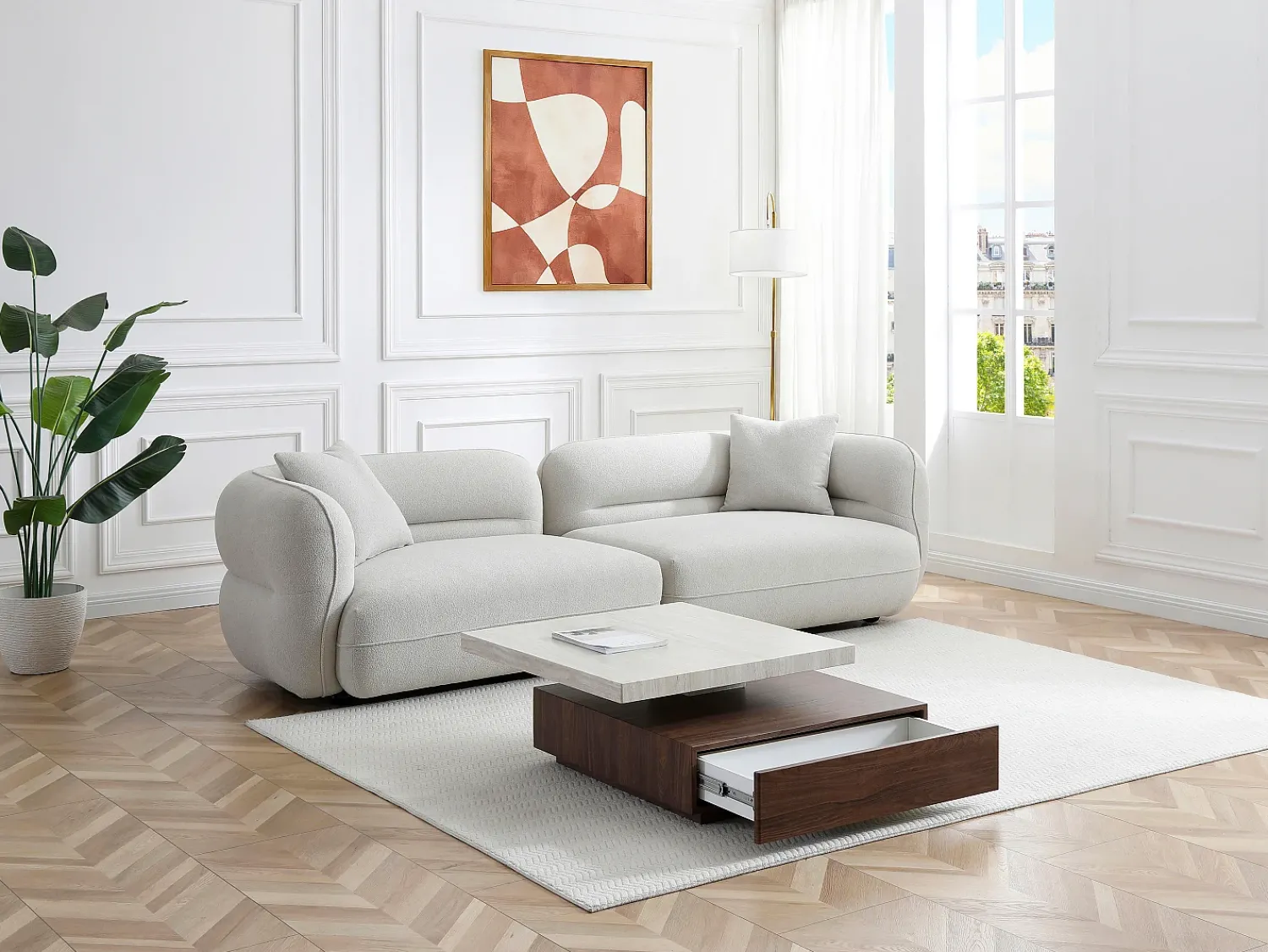 Mesa De Centro*Vente-unique Mesa de centro giratória com 1 gaveta em MDF - Efeito travertino e Natural escuro - KYRIA Natural escuro / Bege