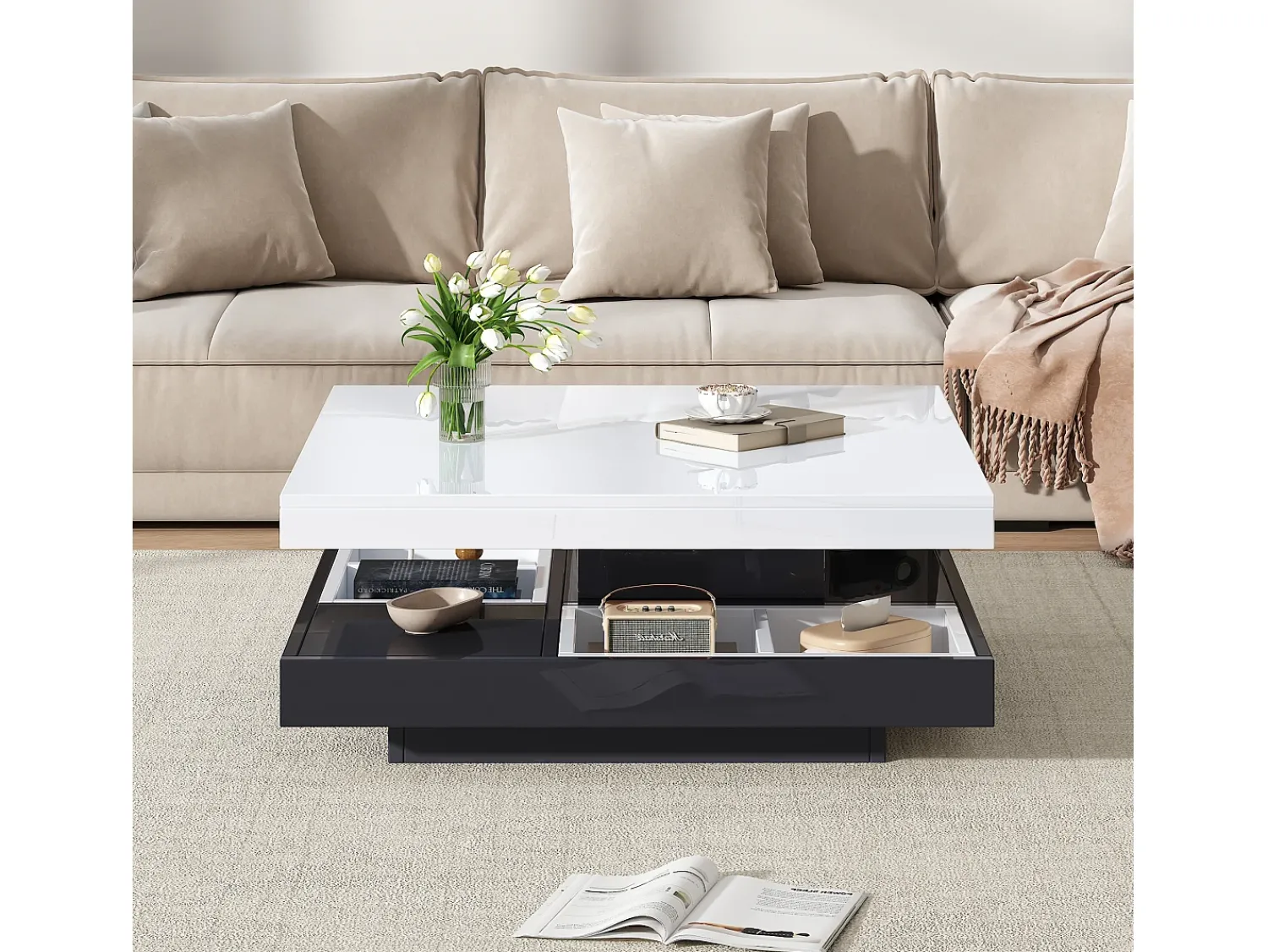 Mesa De Centro|Hauss Spole Mesa de centro giratória com espaço de arrumação, tampo lacado brilhante - e preto Branco