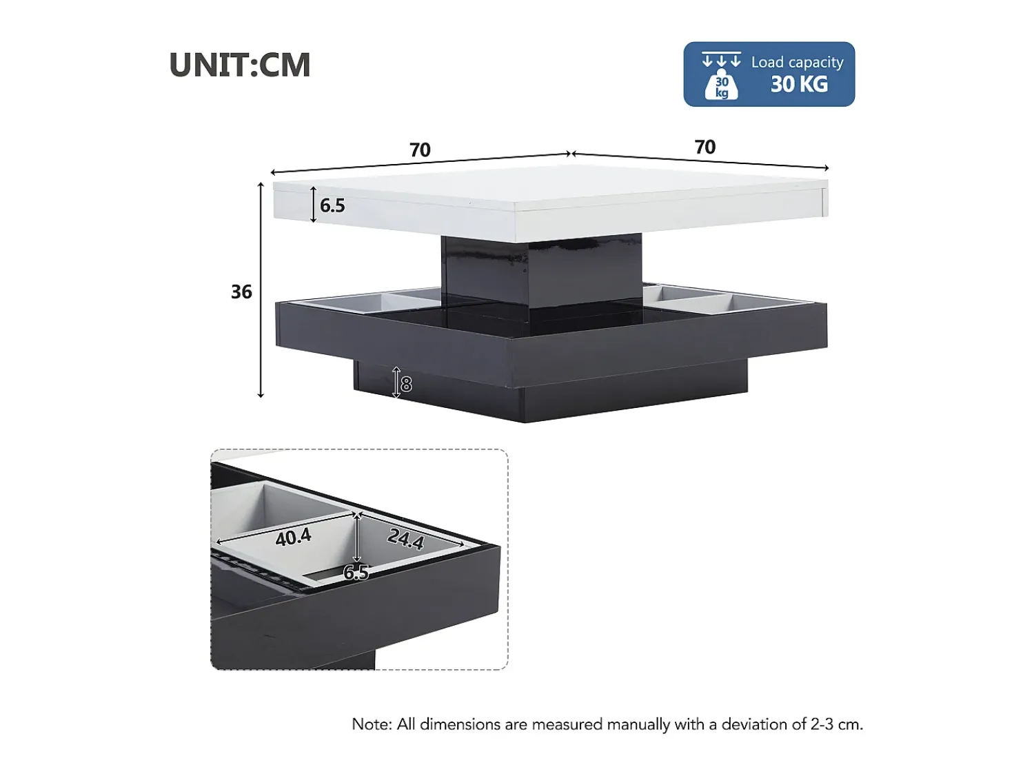Mesa De Centro|Hauss Spole Mesa de centro giratória com espaço de arrumação, tampo lacado brilhante - e preto Branco