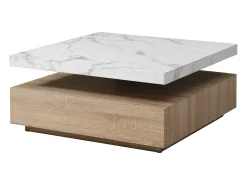 Outlet Vente-unique Mesa de centro giratória com 1 gaveta MDF efeito mármore branco e natural - KYRIA Natural claro / Branco