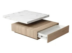 Outlet Vente-unique Mesa de centro giratória com 1 gaveta MDF efeito mármore branco e natural - KYRIA Natural claro / Branco