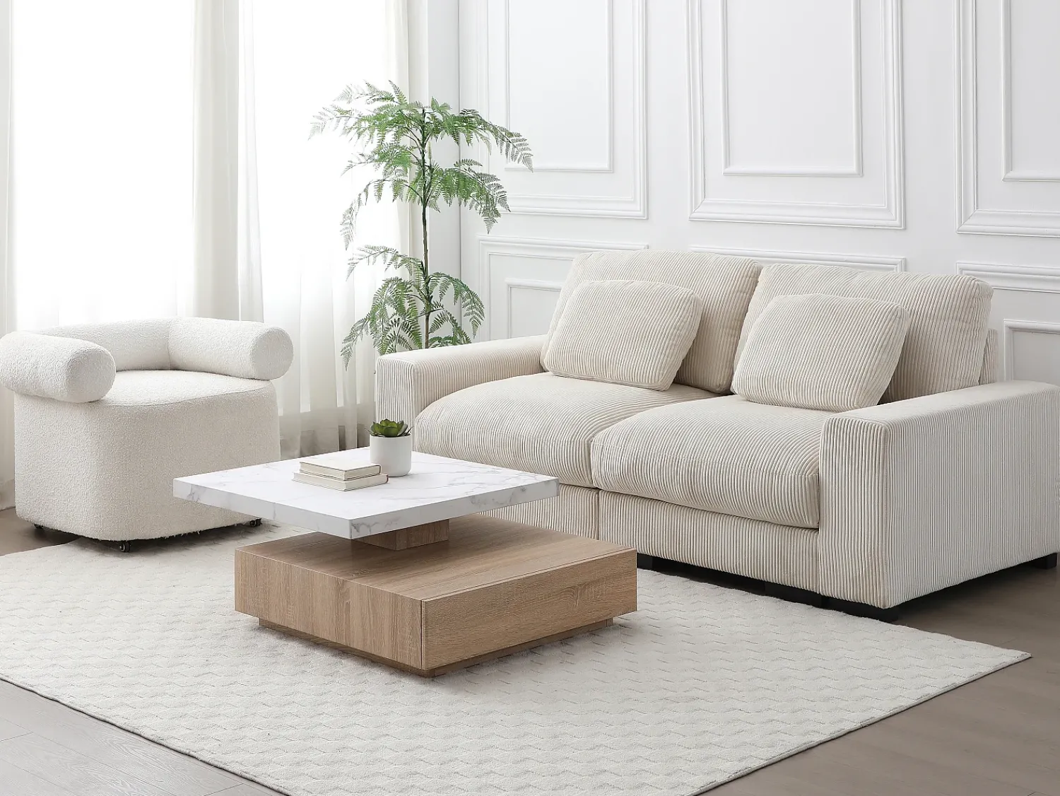 Outlet Vente-unique Mesa de centro giratória com 1 gaveta MDF efeito mármore branco e natural - KYRIA Natural claro / Branco
