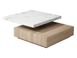 Outlet Vente-unique Mesa de centro giratória com 1 gaveta MDF efeito mármore branco e natural - KYRIA Natural claro / Branco