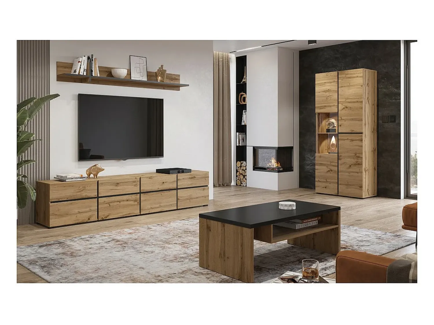 Mesa De Centro|Meublorama Mesa de Centro HAVANA – Carvalho e Preto – Tampo Preto Fosco – Com Nicho – Estilo Natural e Moderno Castanho