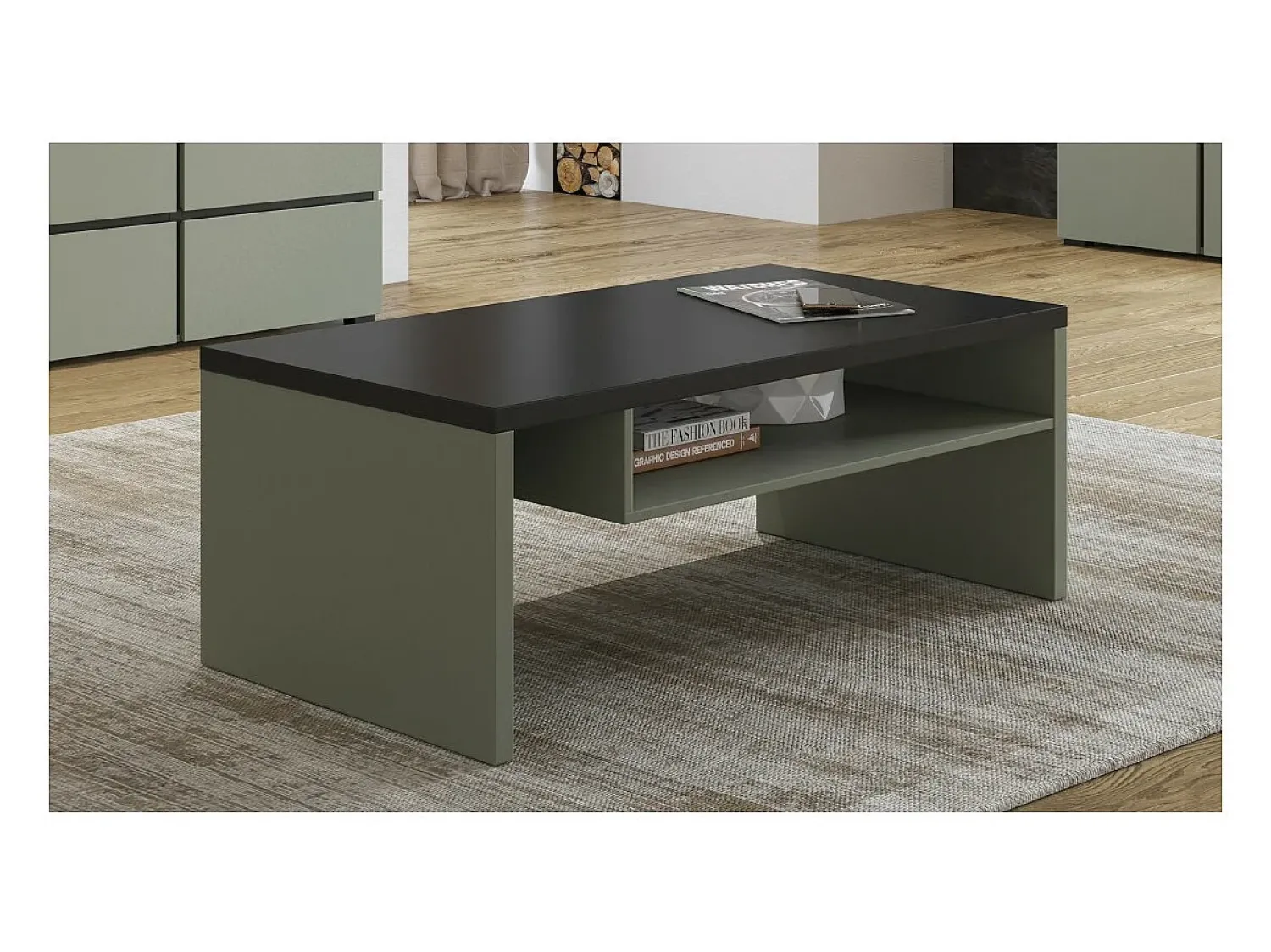 Mesa De Centro|Meublorama Mesa de centro HAVANA – sálvia e preto – Tampo preto fosco – Com nicho – Design moderno Verde