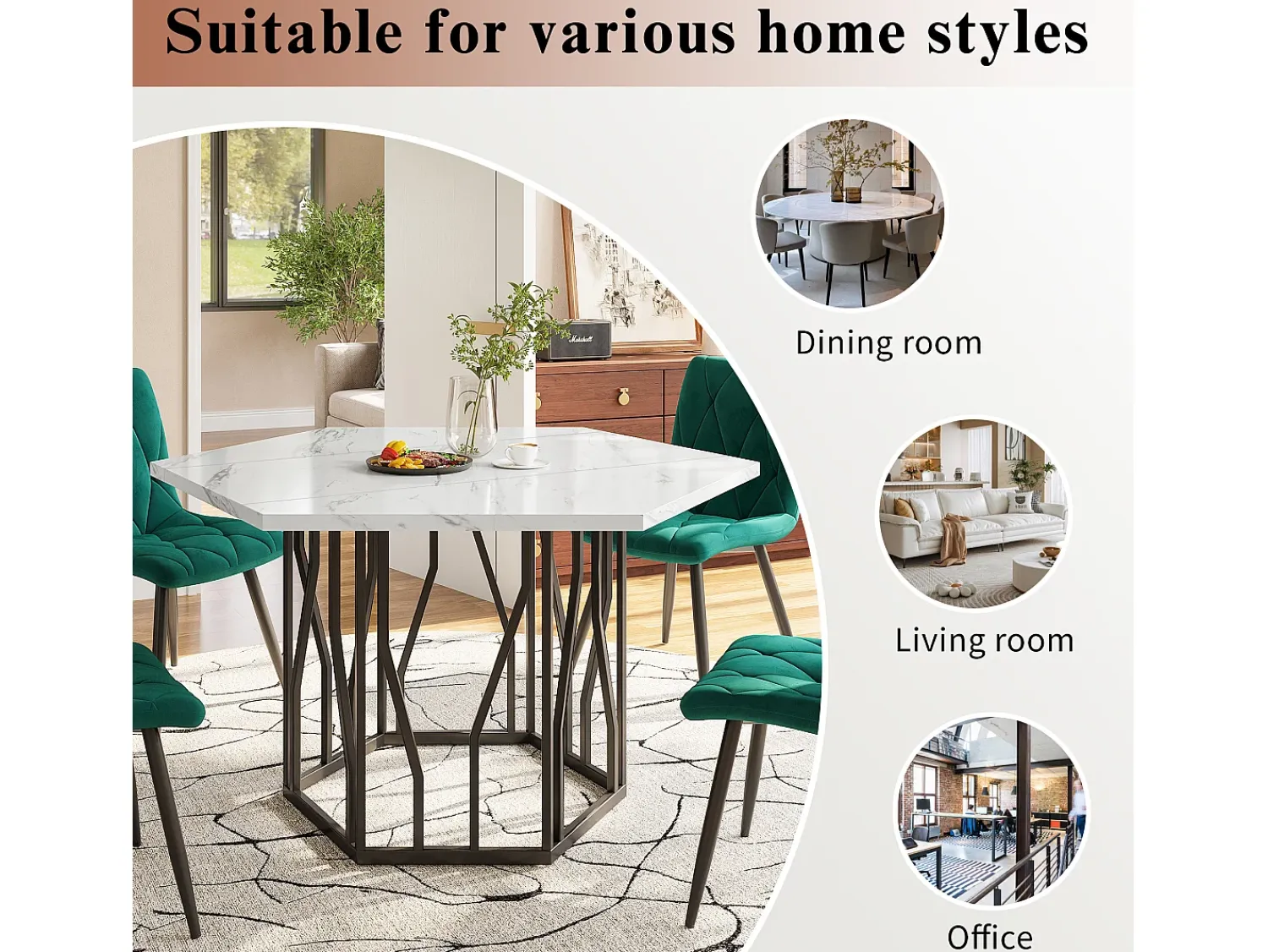 Outlet Mesa de centro hexagonal em mármore - Para sala de estar e sala de jantar - 115,5 x 100 x 75 cm - Preta Preto
