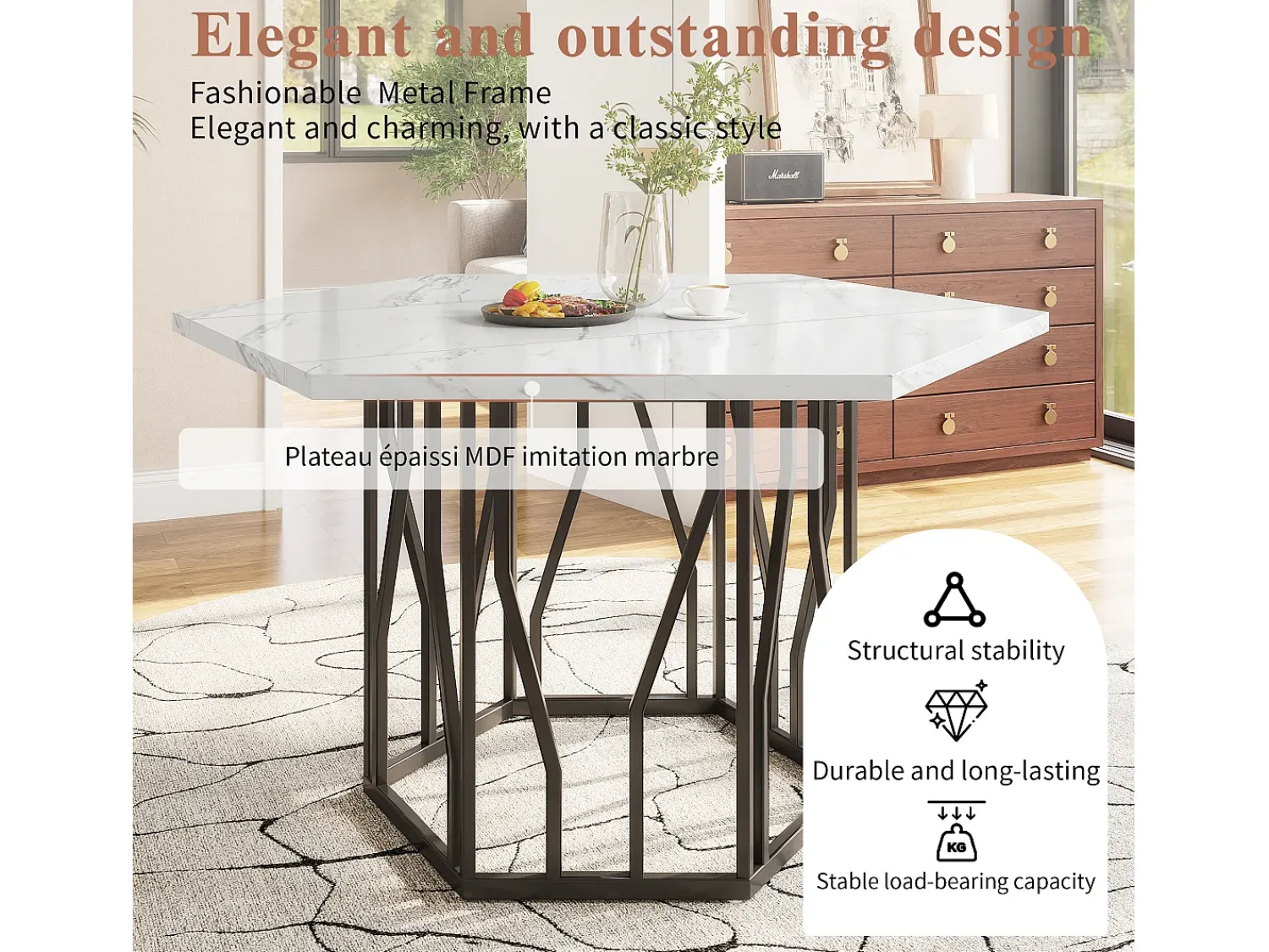 Outlet Mesa de centro hexagonal em mármore - Para sala de estar e sala de jantar - 115,5 x 100 x 75 cm - Preta Preto