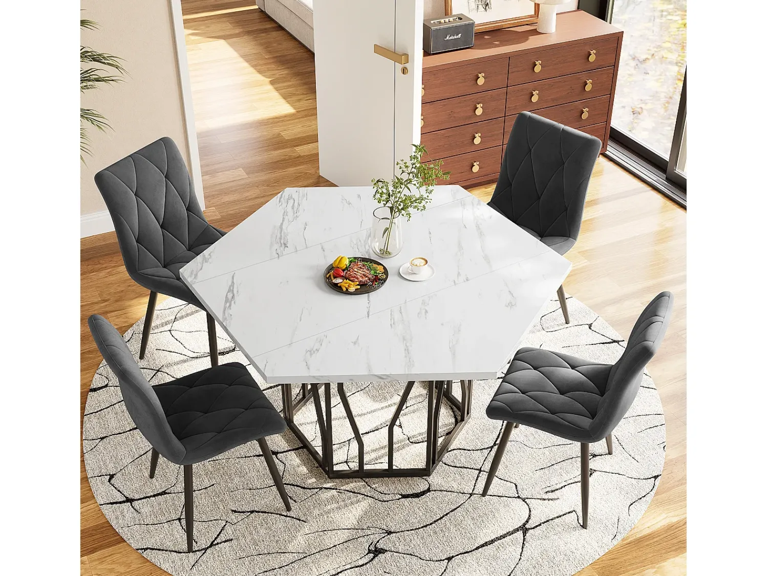 Outlet Mesa de centro hexagonal em mármore - Para sala de estar e sala de jantar - 115,5 x 100 x 75 cm - Preta Preto