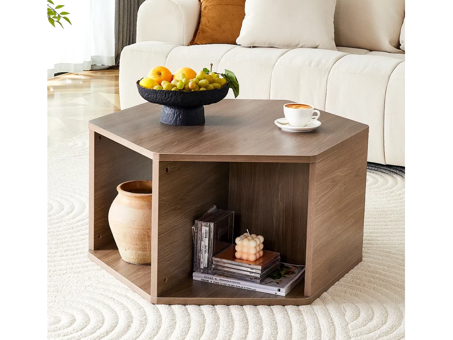 Mesa De Centro|Hauss Spole Mesa de centro hexagonal com espaço de arrumação, 79 x 69,4 x 40 cm - Castanho
