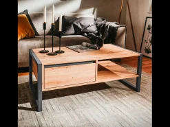 Mesa De Centro*Concept-Usine Mesa de centro industrial Kotor com gaveta e prateleira em carvalho artesanal Castanho