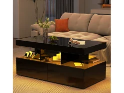 Consola* Mesa de centro inteligente com LED RGB - com duas gavetas, dimmer controlado por aplicativo, acabamento brilhante e à prova d'água, compatível com música Preto