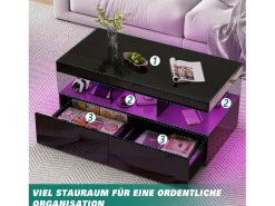 Consola* Mesa de centro inteligente com LED RGB - com duas gavetas, dimmer controlado por aplicativo, acabamento brilhante e à prova d'água, compatível com música Preto