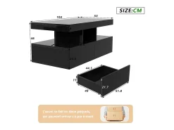 Consola* Mesa de centro inteligente com LED RGB - com duas gavetas, dimmer controlado por aplicativo, acabamento brilhante e à prova d'água, compatível com música Preto