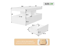 Consola| Mesa de centro inteligente com LED RGB - com duas gavetas, dimmer controlado por aplicativo, acabamento brilhante e à prova d'água, compatível com música Branco