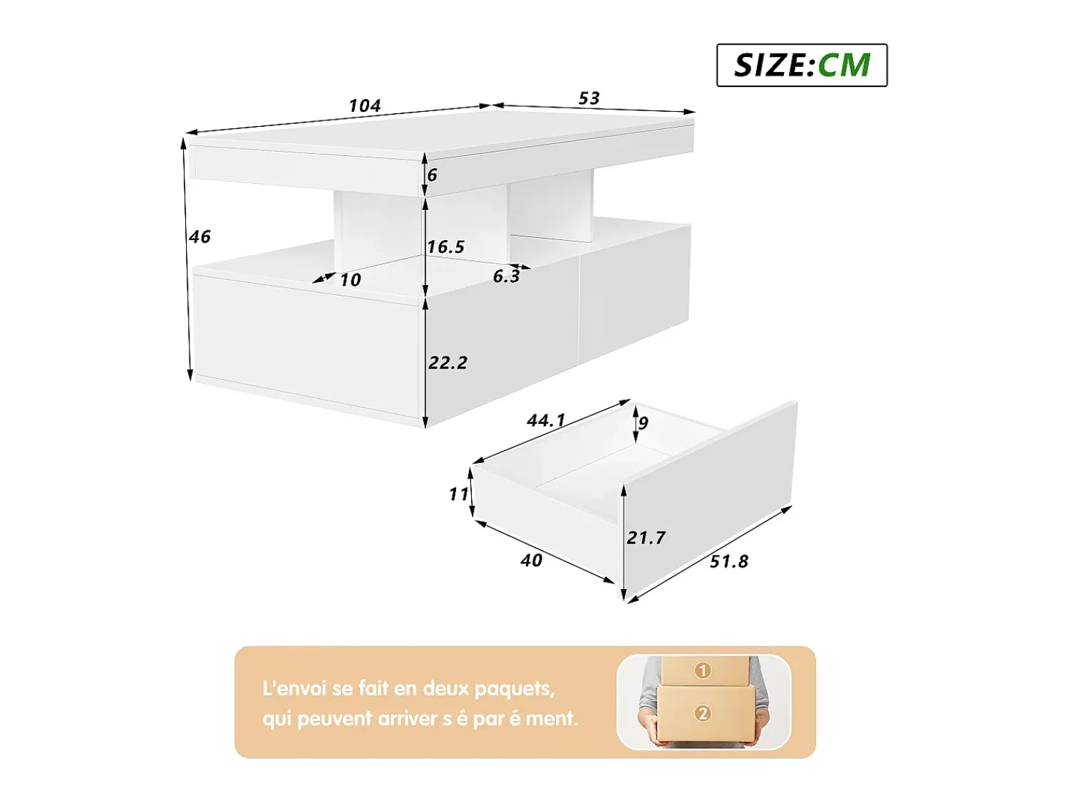 Consola| Mesa de centro inteligente com LED RGB - com duas gavetas, dimmer controlado por aplicativo, acabamento brilhante e à prova d'água, compatível com música Branco