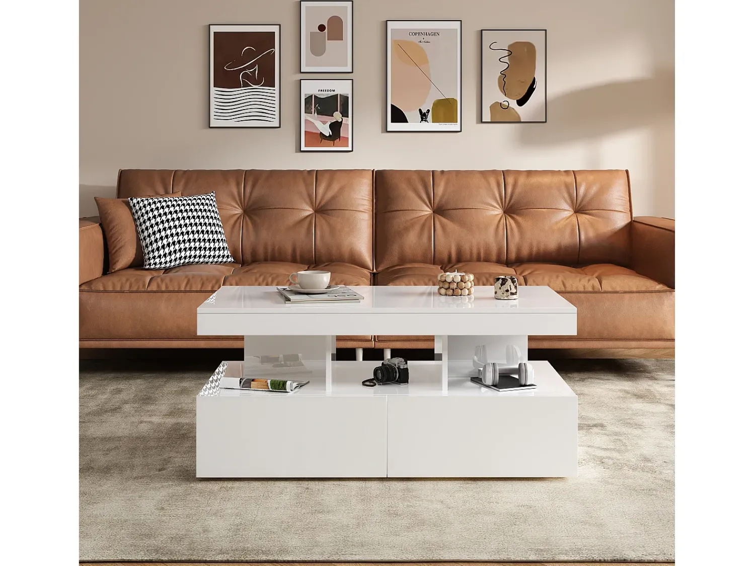 Consola| Mesa de centro inteligente com LED RGB - com duas gavetas, dimmer controlado por aplicativo, acabamento brilhante e à prova d'água, compatível com música Branco