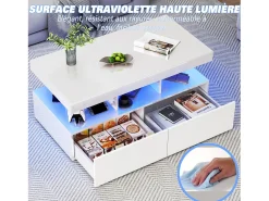 Consola| Mesa de centro inteligente com LED RGB - com duas gavetas, dimmer controlado por aplicativo, acabamento brilhante e à prova d'água, compatível com música Branco