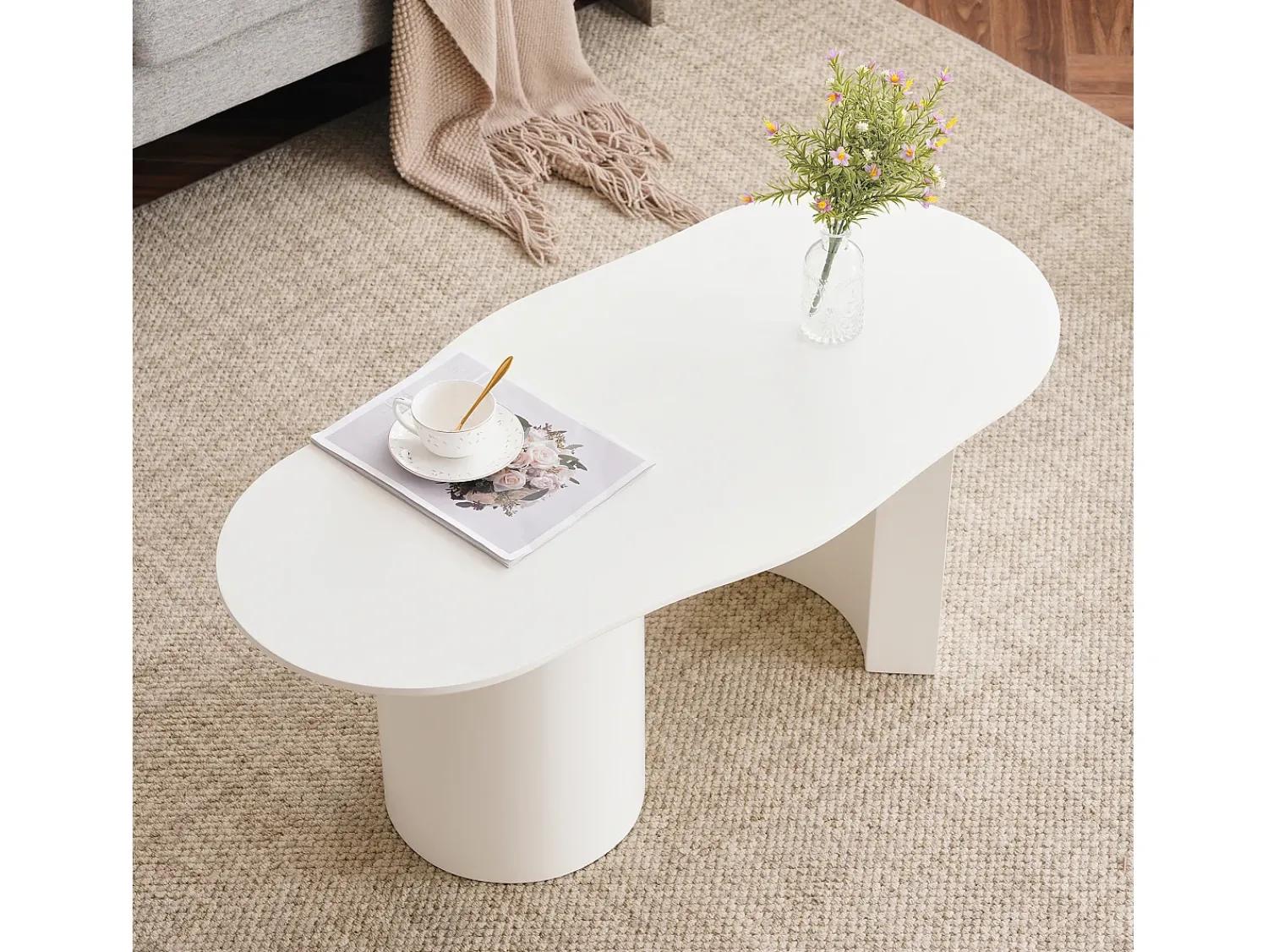 Mesa De Centro|Hauss Spole Mesa de centro irregular branca 100 cm com base cilíndrica estável, em MDF lacado Branco
