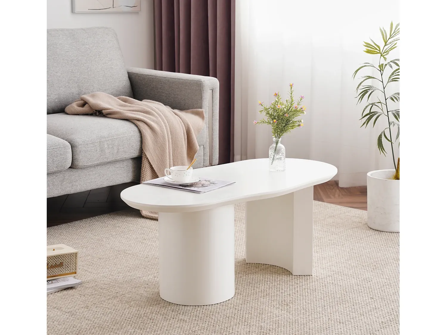 Mesa De Centro|Hauss Spole Mesa de centro irregular branca 100 cm com base cilíndrica estável, em MDF lacado Branco