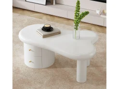 Mesa De Centro|Merax Mesa de centro irregular - 97 x 64 x 42 cm - com 2 gavetas - Ideal para sala de estar - MDF - Branco
