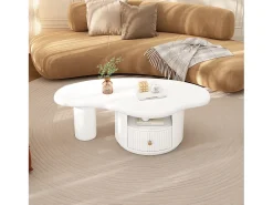 Merax Mesa de centro irregular com 1 gaveta e compartimento aberto - 110 x 60 x 37,5 cm - Tampo em MDF -^ Mesa De Centro
