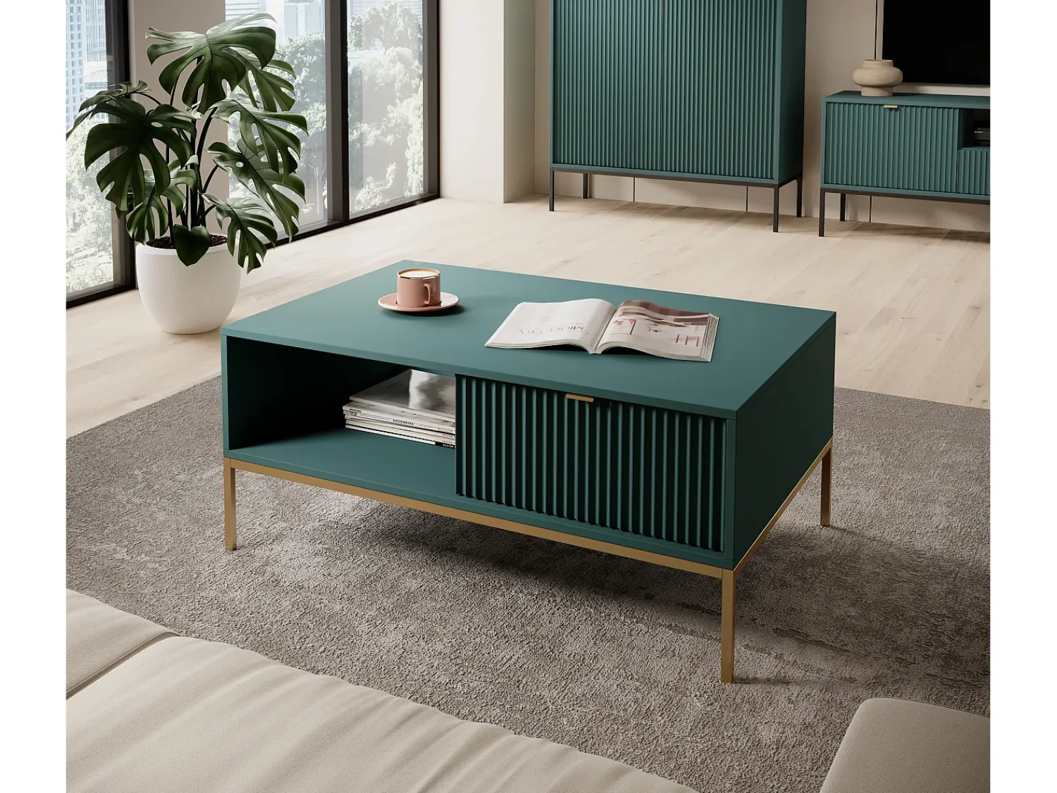 Mesa De Centro| Mesa de centro: labrador, dourado, 104 x 46 x 68 cm, puxadores dourados Verde
