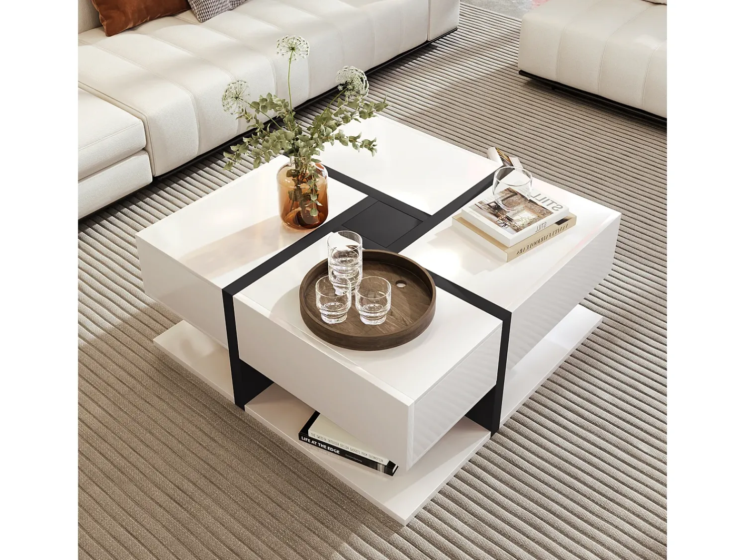 Hauss Spole Mesa de centro lacada de alto brilho com 4 gavetas - Design linear - Branca 78 x 78 x 36 cm^ Mesa De Centro