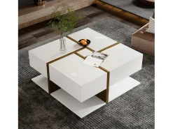 Clearance Hauss Spole Mesa de centro lacada de alto brilho com 4 gavetas - Branca e madeira 78 x 78 x 36 cm Branco