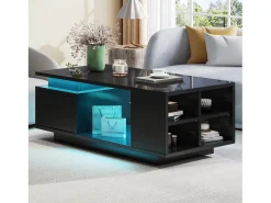 Merax Mesa de centro laqueada - 100 x 50 x 36 cm - com gaveta + LEDs + 4 compartimentos de arrumação - aglomerado - preta Preto