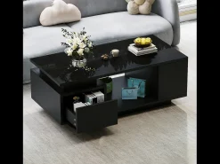 Merax Mesa de centro laqueada - 100 x 50 x 36 cm - com gaveta + LEDs + 4 compartimentos de arrumação - aglomerado - preta Preto