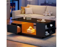 Merax Mesa de centro laqueada - 100 x 50 x 36 cm - com gaveta + LEDs + 4 compartimentos de arrumação - aglomerado - preta Preto