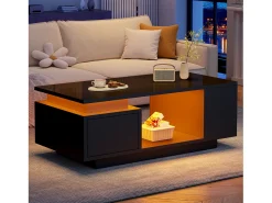 Merax Mesa de centro laqueada - 100 x 50 x 36 cm - com gaveta + LEDs + 4 compartimentos de arrumação - aglomerado - preta Preto