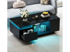 Merax Mesa de centro laqueada - 100 x 50 x 36 cm - com gaveta + LEDs + 4 compartimentos de arrumação - aglomerado - preta Preto