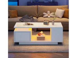 Mesa De Centro*Merax Mesa de centro laqueada - 100 x 50 x 36 cm - com gaveta + LEDs + 4 compartimentos de arrumação - aglomerado - branca Branco