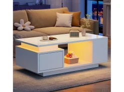 Mesa De Centro*Merax Mesa de centro laqueada - 100 x 50 x 36 cm - com gaveta + LEDs + 4 compartimentos de arrumação - aglomerado - branca Branco