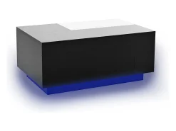 Mesa de centro laqueada com iluminação LED, tampo extensível em e branco, e espaço de armazenamento oculto.^ Mesa De Centro