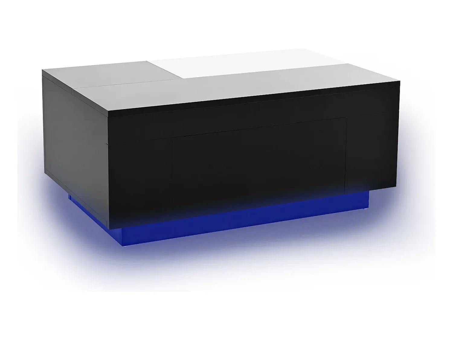 Mesa de centro laqueada com iluminação LED, tampo extensível em e branco, e espaço de armazenamento oculto.^ Mesa De Centro