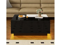 Mesa de centro laqueada com iluminação LED, tampo extensível em e branco, e espaço de armazenamento oculto.^ Mesa De Centro